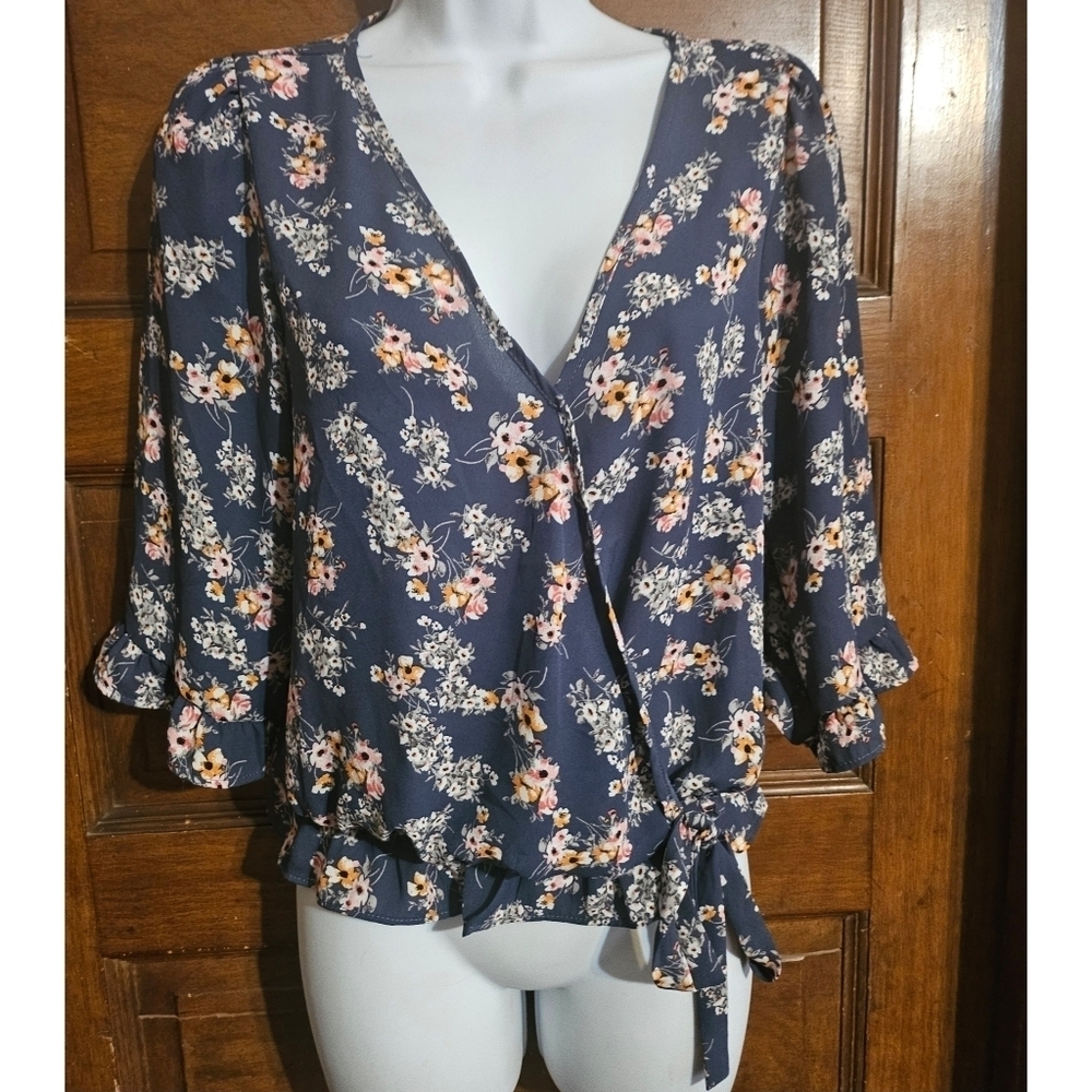 Sienna Sky Faux Wrap Blue Floral Top
